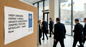UNDP field officer reviewing grant proposals for Ukraine reconstruction