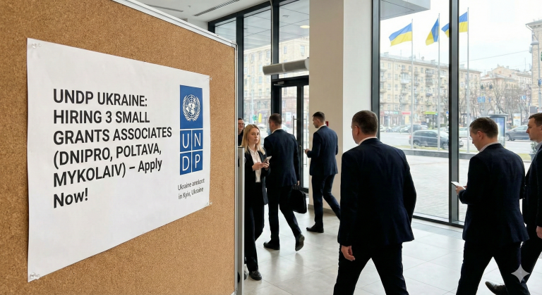 UNDP field officer reviewing grant proposals for Ukraine reconstruction