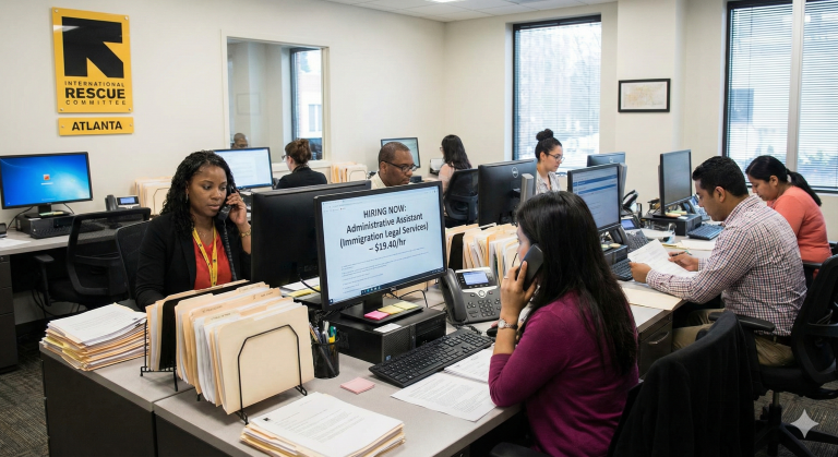 A professional office setting with an Administrative Assistant working on immigration legal files in Atlanta.