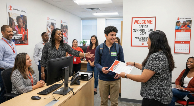 Save the Children Office Support 2026 team meeting in a professional workspace