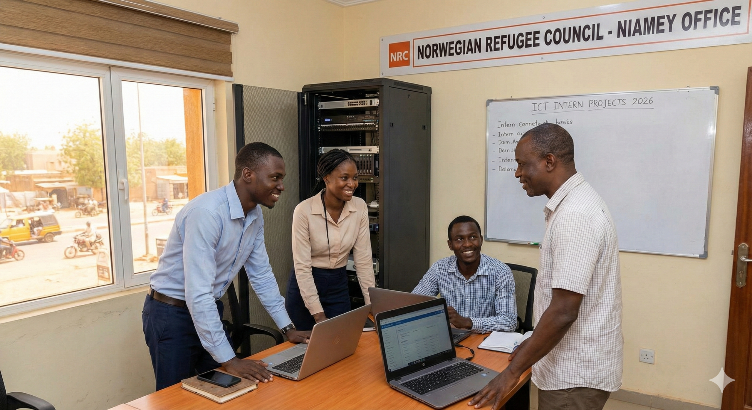 IT professional setting up network equipment in Niamey for Norwegian Refugee Council