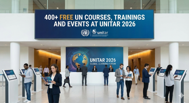 UNITAR logo with text 'Free UN Courses and Trainings 2026'